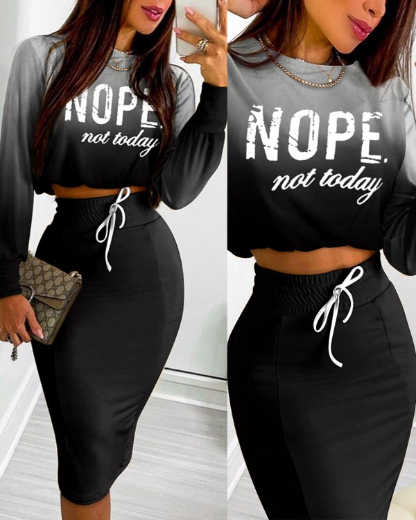 Ombre Letter Print Long Sleeve Top & Drawstring Shirred Skirt Set
