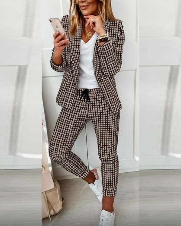 Plaid Print Long Sleeve Blazer Coat & Drawstring Pants Set