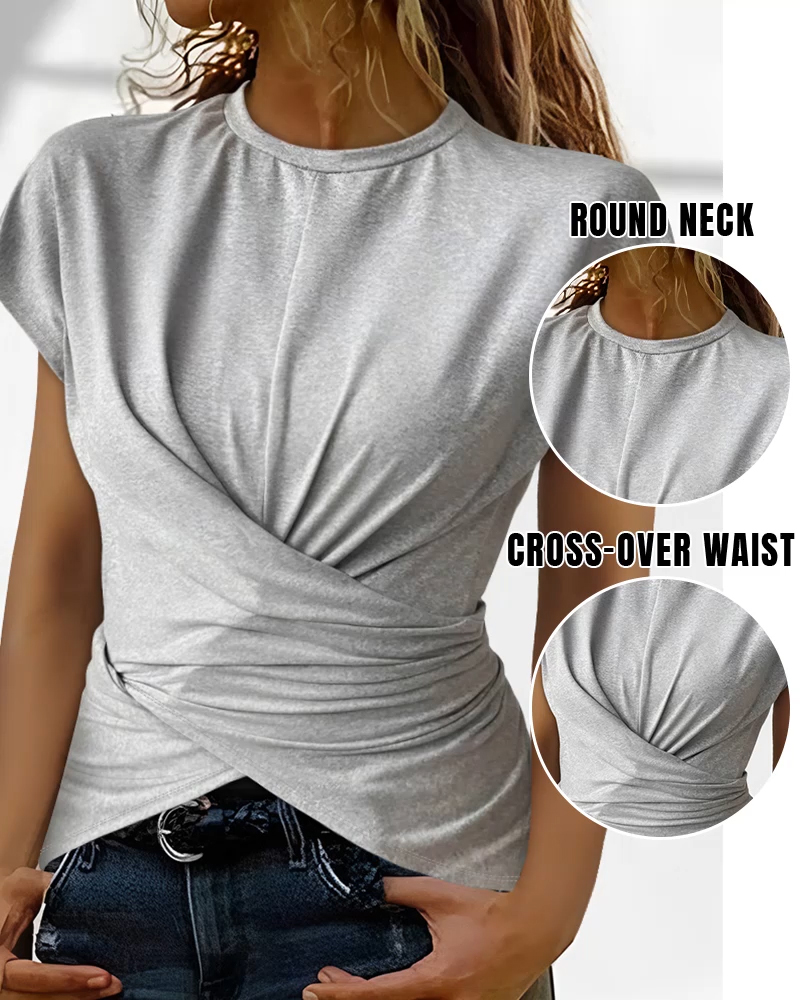 O-neck Short Sleeve Criss Cross Front Button Back Tee Casual Ruched Asymmetrical Hem Top
