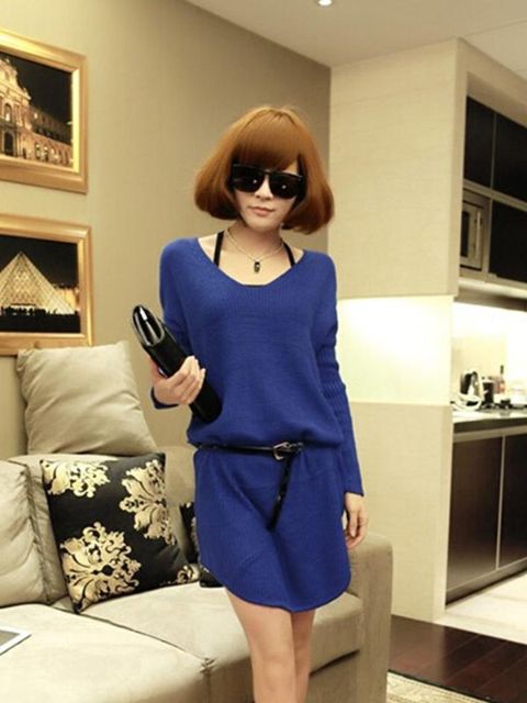 Neue Herbst Winter Frauen Grund Volltonfarbe V-ausschnitt Lange Lose Strickkleid Weibliche Pullover Kleider