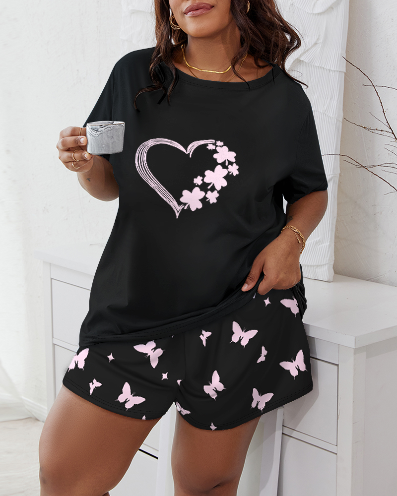 Plus Size Butterfly Star Lucky Shamrock Heart Print Pajamas Set