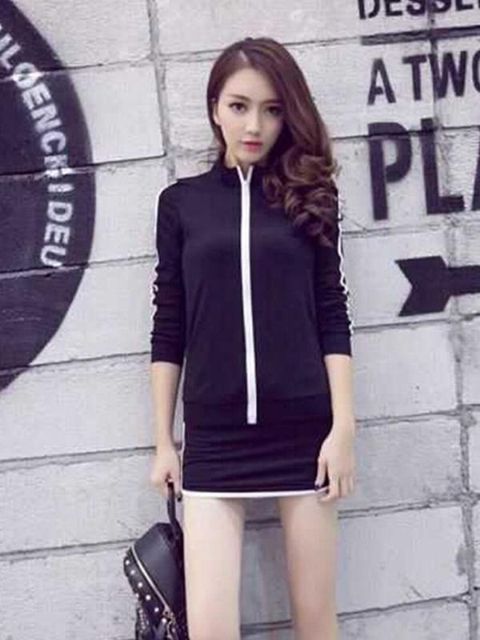 Kvinders modedragtsæt 2 stykker Sport lynlås stribet stil bluse frakke + pakke hofte mini nederdel