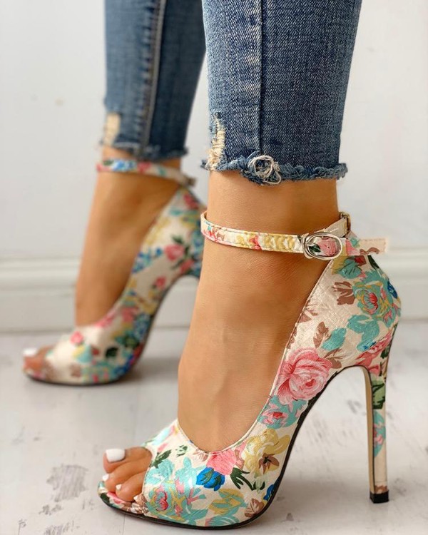 Floral Peep Toe Ankle Strap Heeled Sandals