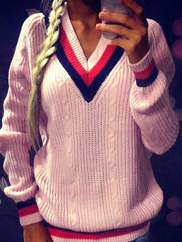 Estilo Retro Com Decote Em V Estilo Longo De Manga Comprida Pullover Solta Camisola
