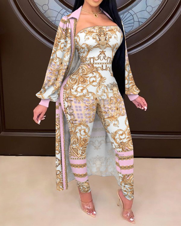 Blommigt tryck Bodice Jumpsuit med lykta ärm rock