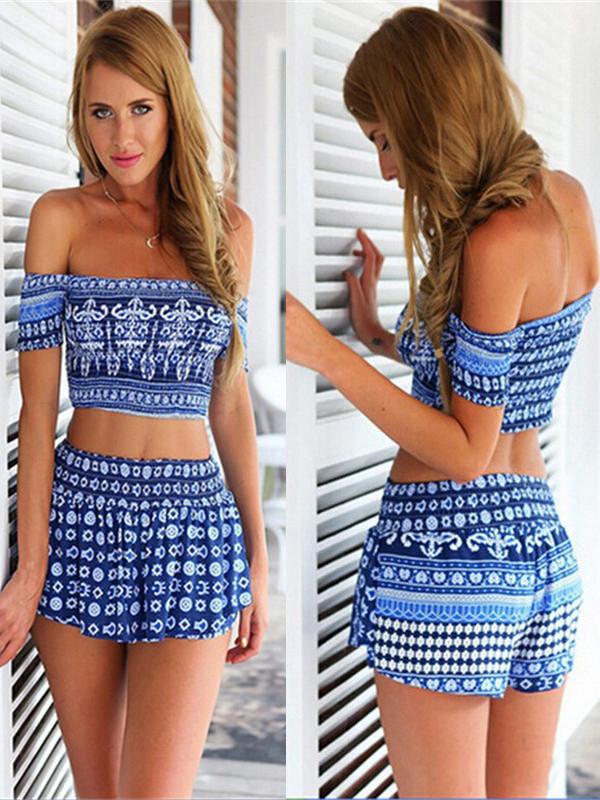 Lady&#39;s Sexy Vintage Off-épaule Tops + Shorts 2pcs Club Wear Ensemble de costume sans manches dos nu