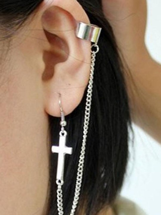 Moda Feminina Nova Personalidade Estilo Punk Cruz Tassel Ear Clipe Ear Stud Brincos