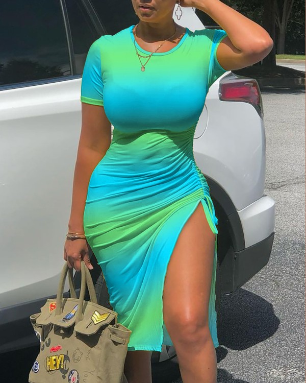 Vestido skinny de manga curta com cordão e cordão ombre