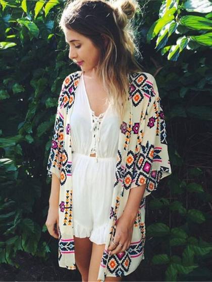 Robe de cardigan de protection solaire de plage d&#39;automne pour femmes, manches chauve-souris, couvertures en mousseline de soie imprimées