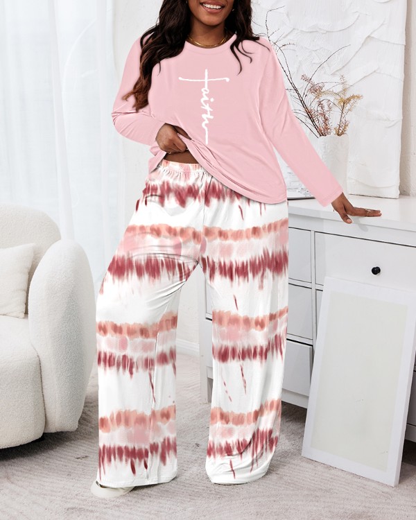 Conjunto de pijama plus size de 2 peças com estampa tie-dye Faith, gola redonda, calça de cintura alta