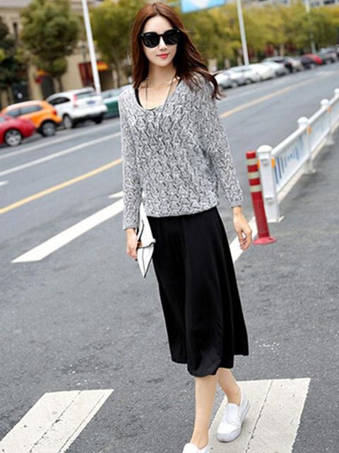 Korean Women's Fashion Elegant Slim Suit Sets 2 Pieces Loose Knitting Sweater + Black Long Dress Sundress