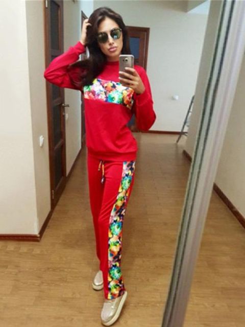 Conjuntos de fatos de esportes de costura floral vermelho jogger tops camisola pullover + sweatpants calças