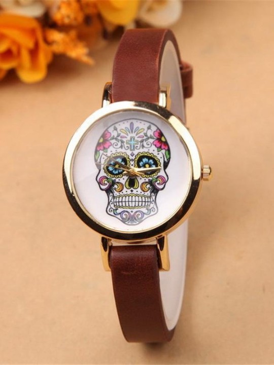 Ny varm mode tegneserie sukker kranium print overflade læderrem kvarts ure