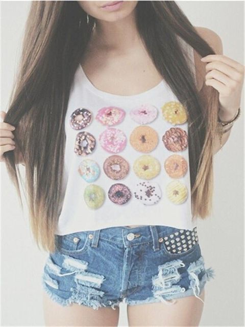 Sumar stutt uppskera bolir Stelpur elska kleinuhringi prentað vesti