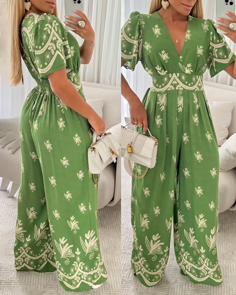 Floral Print Flutter Sleeve V-Neck Maxi Wide Leg Jumpsuit Casual Overalls