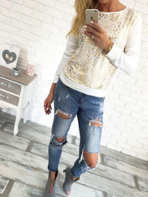New Sexy Lace Floral Print Round Neck Long Sleeve Sweat Cute Sweatshirts Top Pullovers Outwear-trt