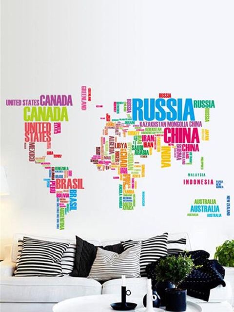 Colorful Letters World Map Wall Stickers Living Room Home Decorations Creative PVC Decal Mural Art DIY Office Wall Art