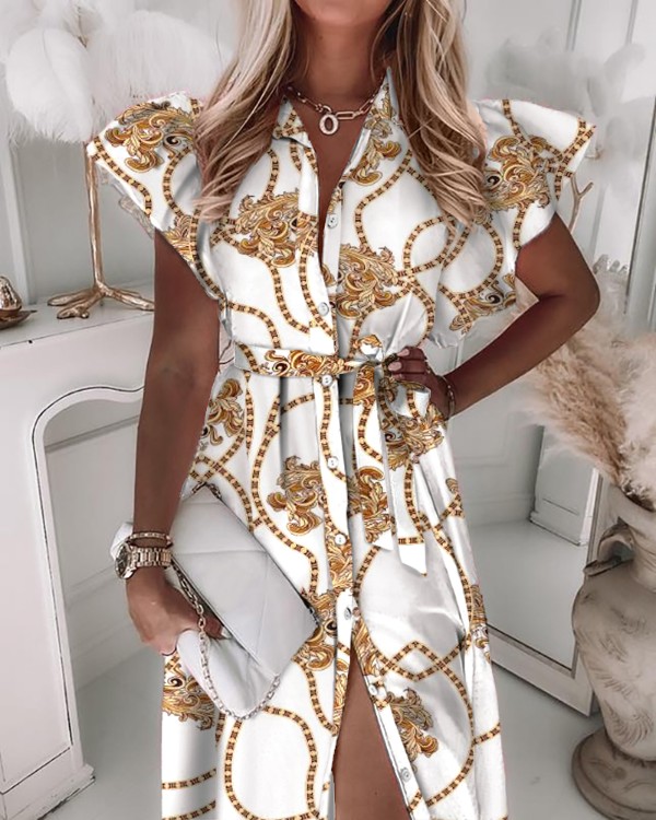 Halstørklæde Print Flutter Sleeve Button Up Bundet Shirt Kjole