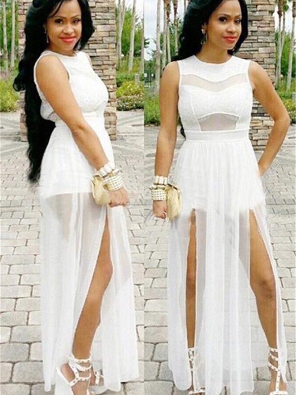 Kynþokkafullur hvítur blúndur kvenna með háum mittisvita frjálslegur grannur blúndur partý kjóll klæðnaður