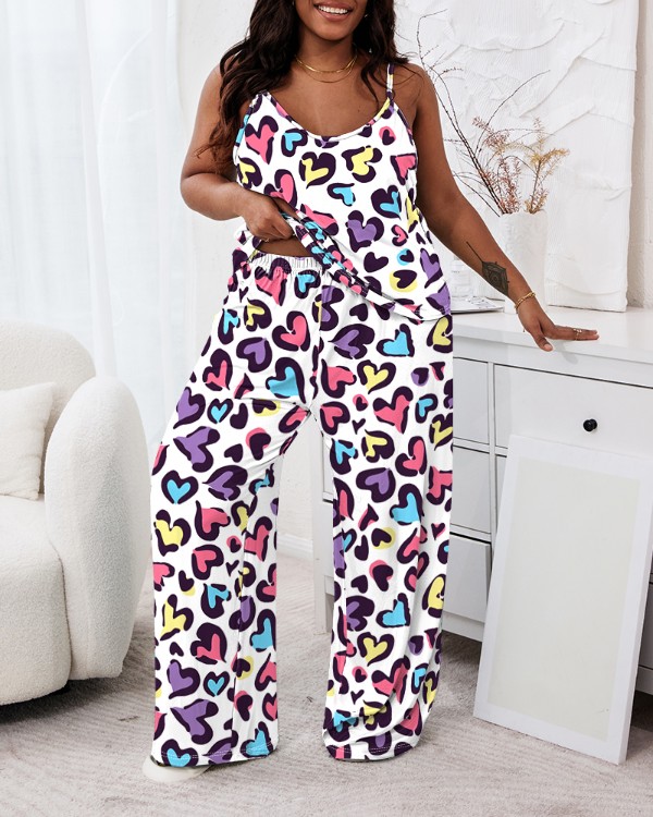 Plus Size Colorful Heart Print Spaghetti Strap Pajamas Set