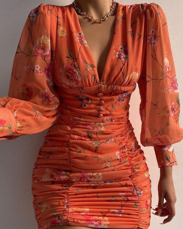 Puff Lantern Sleeve Floral Print Ruched Bodycon Dress