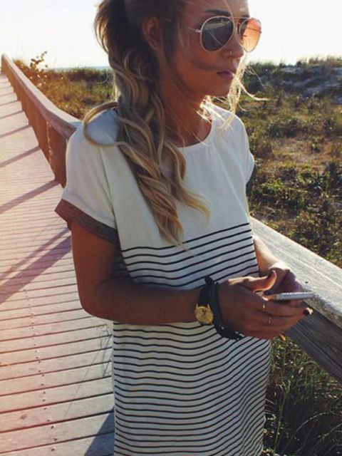 Sumartíska kvenna bútasaumur stutterma röndóttir langir bolir bolir kjóll