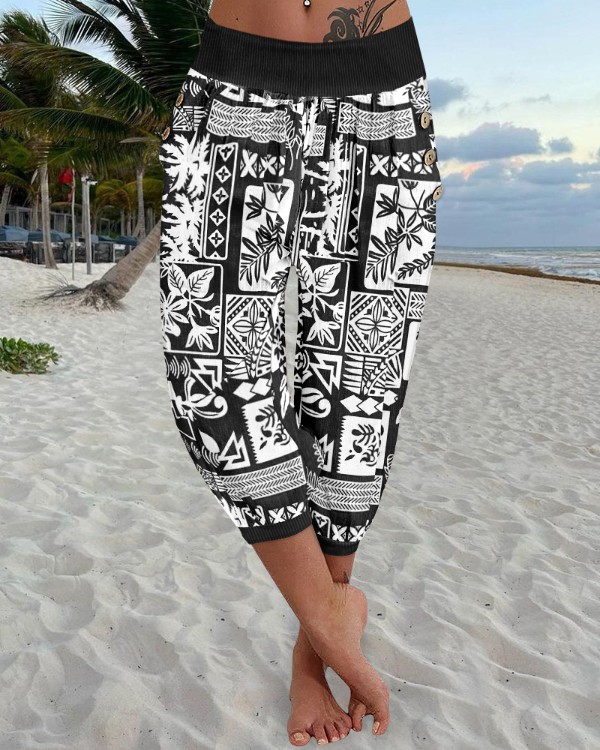 Tribal Plants Print Low Waist Button Decor Capris Pants Vacation Pants with Pocket