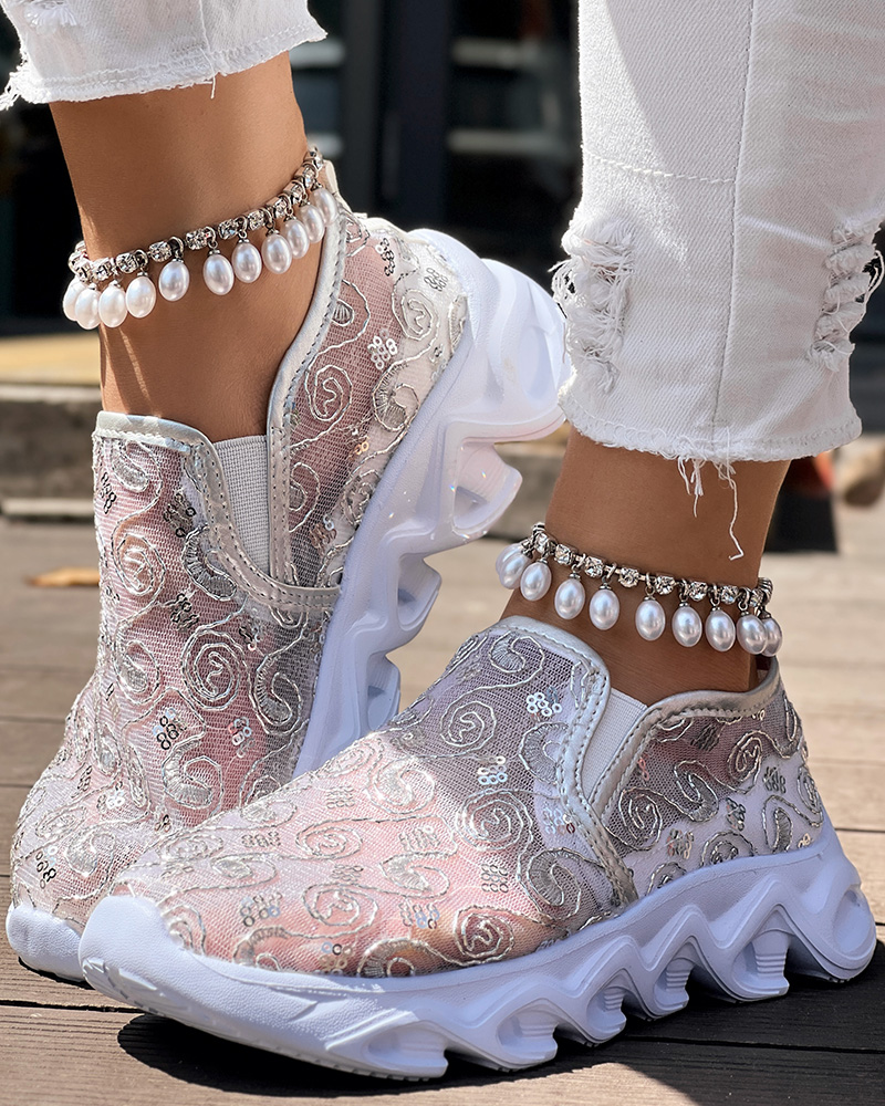 Sequined Mesh Breathable Lightweight Sole Slip-On Casual Flat Sneakers