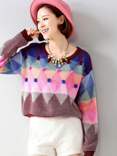 Geométrica de color de golpe casual para mujer, con estampado de diamantes, manga larga, suéter de otoño de invierno