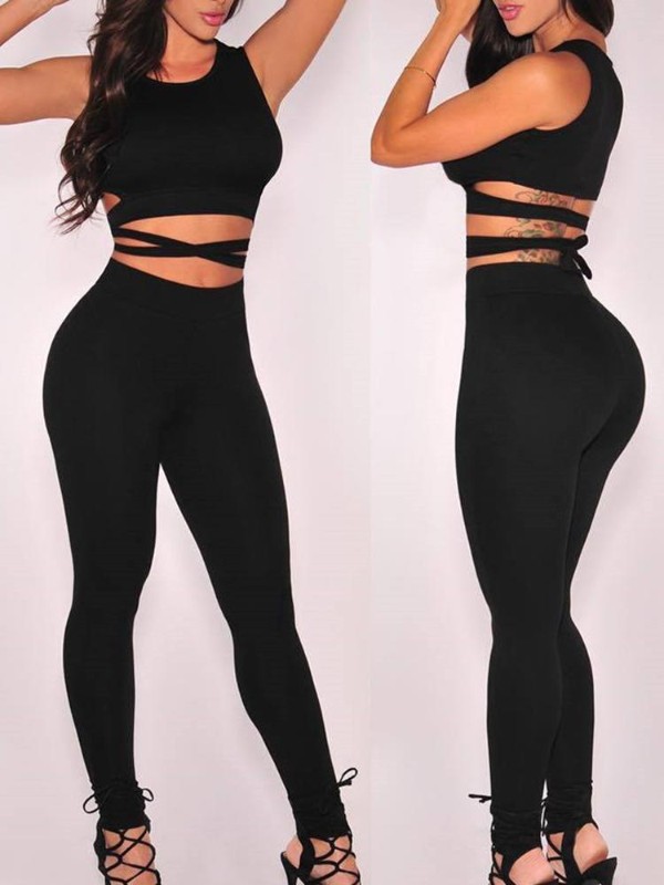 Kvinders 2stk ensfarvet dragt sæt Ærmeløs vest top T-shirt Crop Top hættetrøjer hul ud stramme bukser leggings