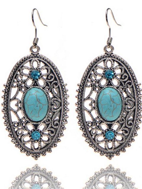 925 Sterling Silver Couleur Vinatge Retro Dangle Boucles D&#39;oreilles Mode Ancienne Turquoise Boucles D&#39;oreilles pour Femmes