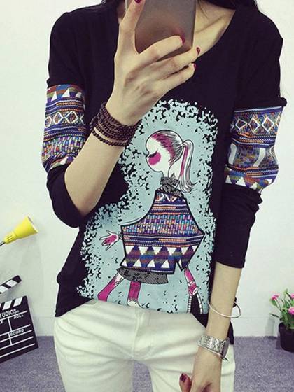 Moda otoño mujer costura impresión chica estilo preppy sudadera moda Casual O-cuello suelta Tops y camisetas