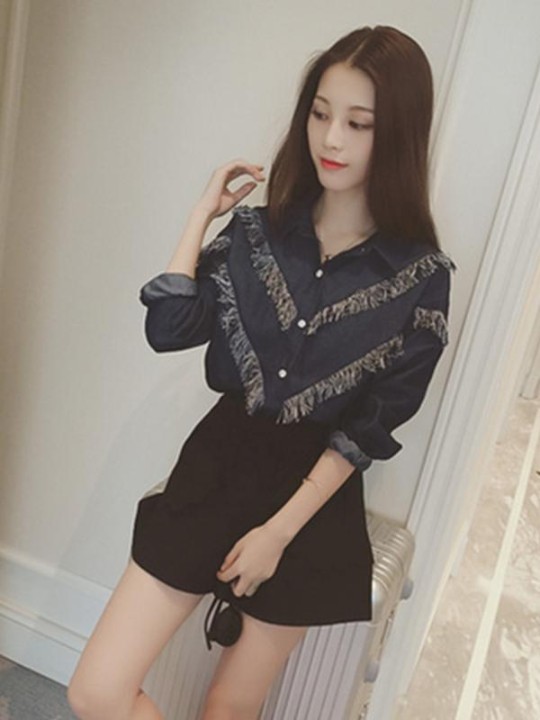 Muoti naisten V-kaula-tupsuilla kiinnitetyt farkkuhousut takki ohut fit löysä hapsutettu pusero