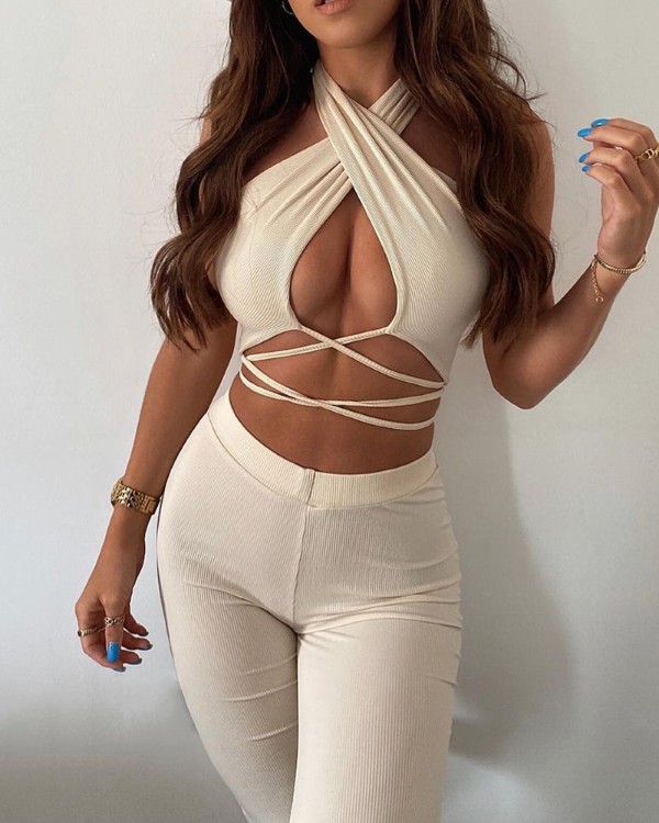 Halter Criss Cross ermalaus toppur og grannar buxusett