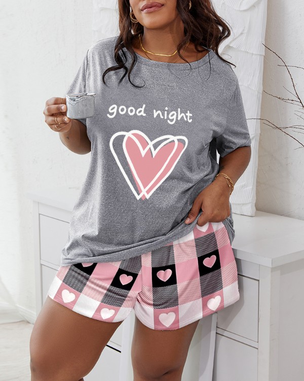 Conjunto de pijama con estampado de corazones y cuadros escoceses de buenas noches en talla grande