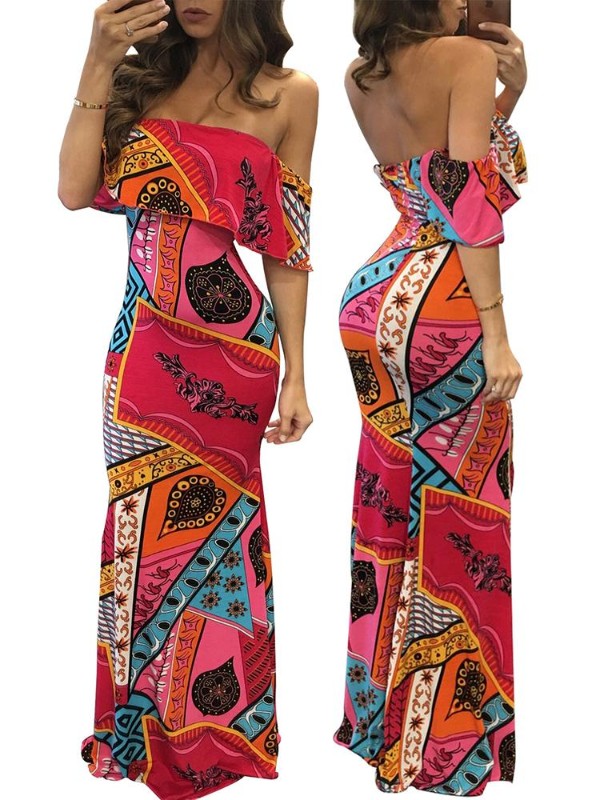 Damenmode Sommer Schrägstrich Hals Lotusblatt Maxi Chiff Kleid Digital Print Langes Kleid ärmellos Beachwear Dress