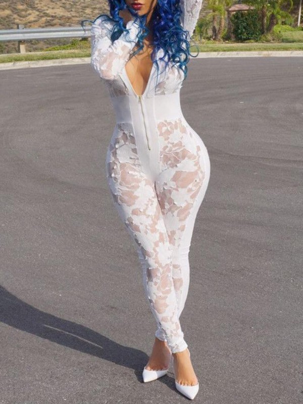 Sexy Long Sleeve Zipper Top Mesh Long Pants Lace Jumpsuit Romper Clubwear