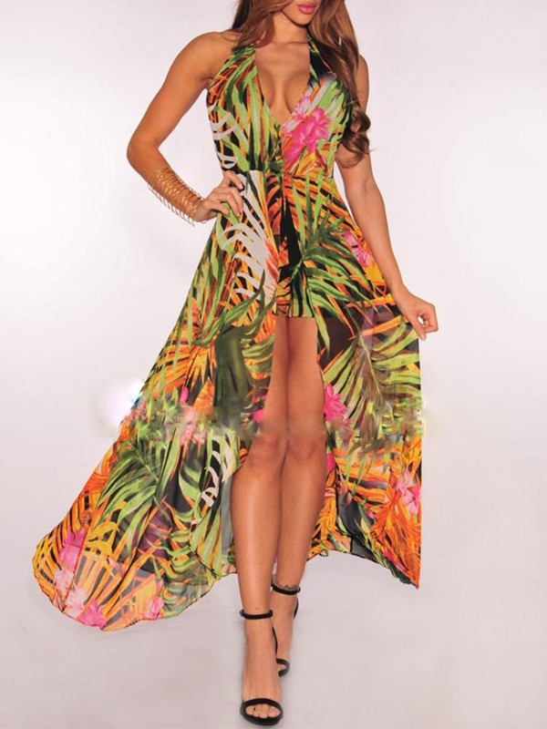 Sumar kvenna V-háls Grimmur kynþokkafullur kjóll Blóm Prentun Aftan ermalaus Maxi kjóll Strönd klæðast