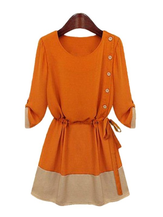 Kvinder afslappet Chiffon patchwork orange kjole til kvinde snøring knap kvinder med træk snor