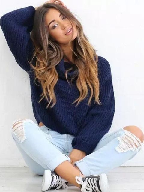 2015 Herbst Winter Frauen High Neck Cropped Sweater Casual Strickpullover (Dunkelblau
M)