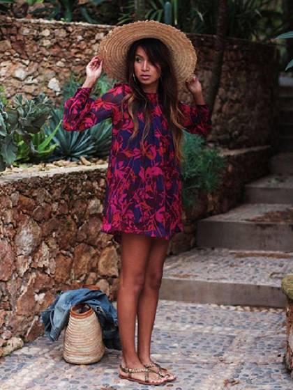 Kvinnors Slim Temperament Splicing Red Floral Print Long Shirt Dress