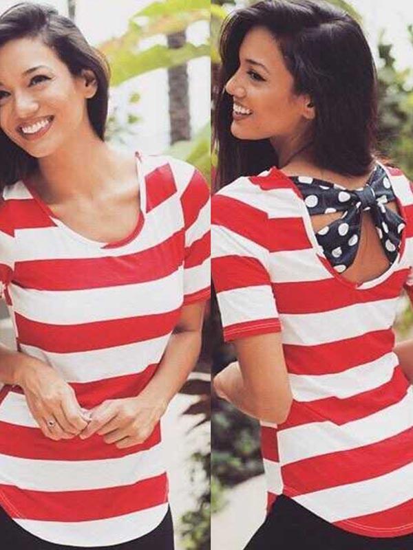 Kóresk tíska kvenna Hálsboga, röndóttir, baklausir bolir, hálf ermaður bolur