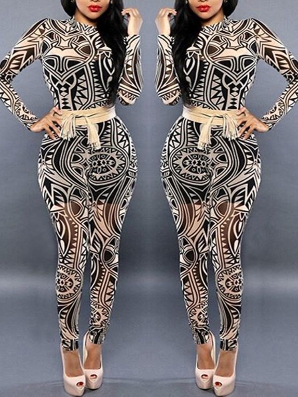 Kvinnors sexiga Vintage Printing Clubwear Tight Jumpsuit Long Sleeve Playsuit Full Pants