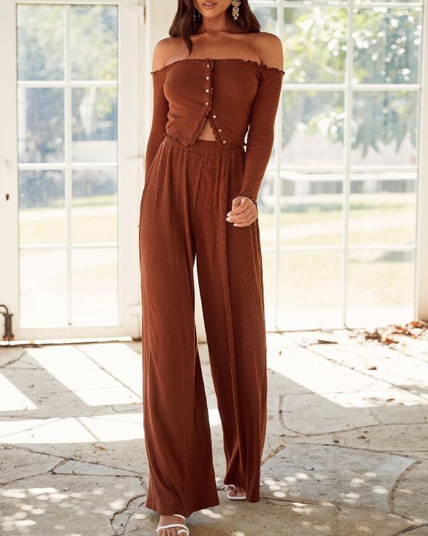 Flounce Sleeve Top Wide Leg Pants Set