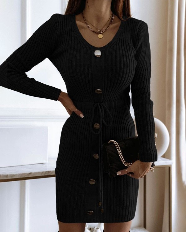 V-Neck Long Sleeve Knit Sweater Dress Button Decor Drawstring Waist Mini Dress