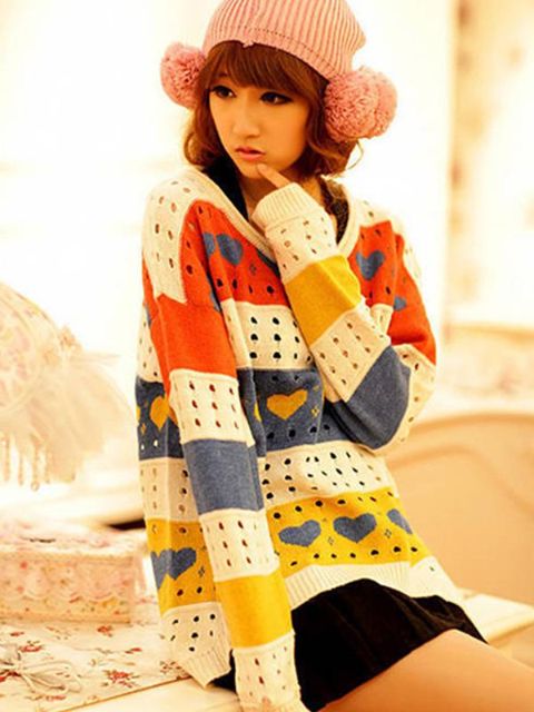 Women's Casual Heart Strip Hollow Pattern Big Size Long Sleeve Knit Sweater