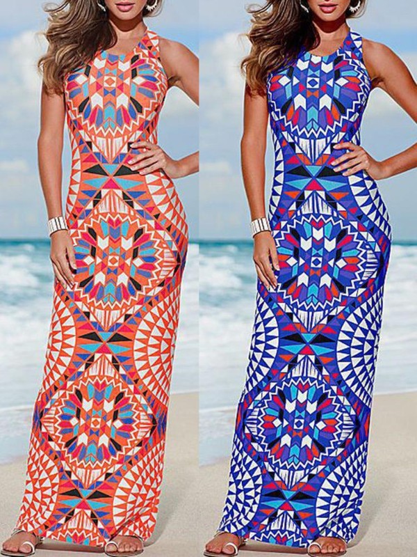 Tíska kvenna Sumar Maxi ermalausur kjóll kynþokkafullur Bohemian prenta sárabindi langur kjólar