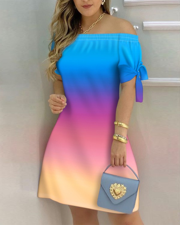 Ombre Colorblock Off Shoulder Tie Detail Casual kjóll