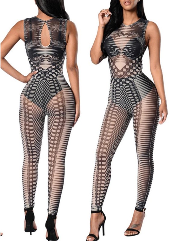 Dammode Sexig O Neck Ärmlös elastisk Mesh Jumpsuit Rompers Casual Playsuit Bodysuit