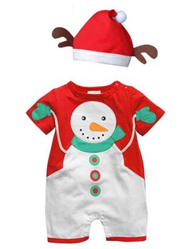 Einteilige New Born Baby Weihnachten Schneemann Baumwolle Nachtwäsche Outfit Homewear Kleidung Mit Hut Warme Pyjamas